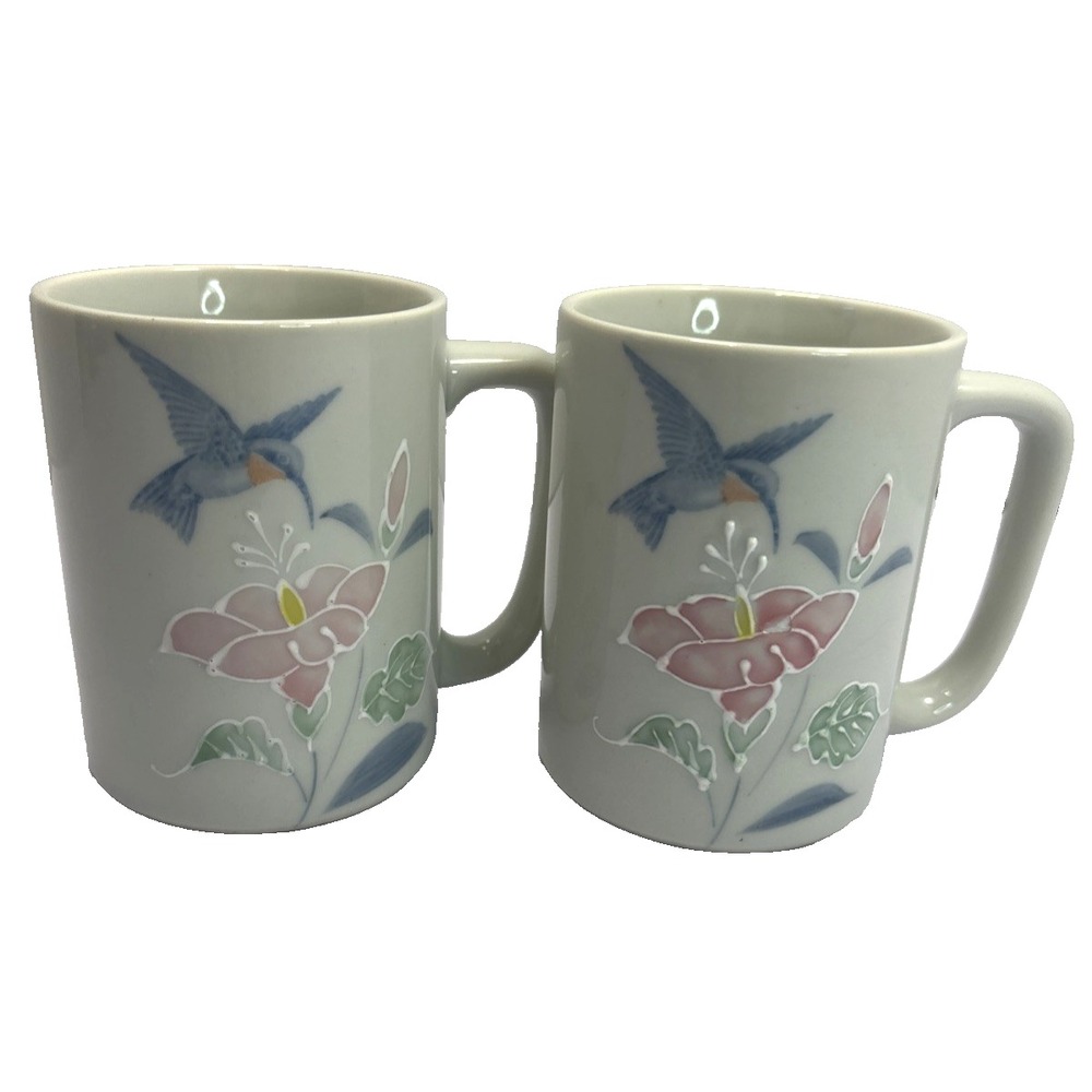 Vtg Set of 2 OTAGIRI Coffee Cups Hummingbirds Floral Embossed Hand Painted Mugs